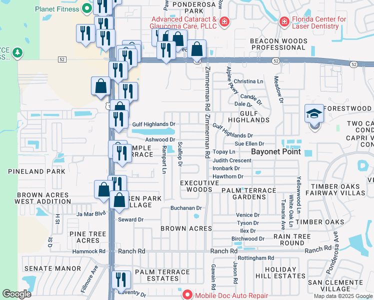 map of restaurants, bars, coffee shops, grocery stores, and more near 7334 Neva Lane in Port Richey