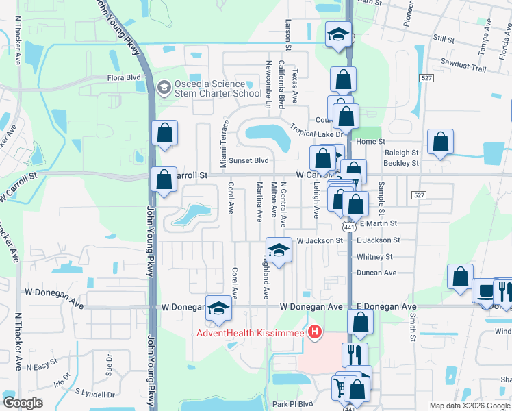map of restaurants, bars, coffee shops, grocery stores, and more near 2616 Martina Avenue in Kissimmee
