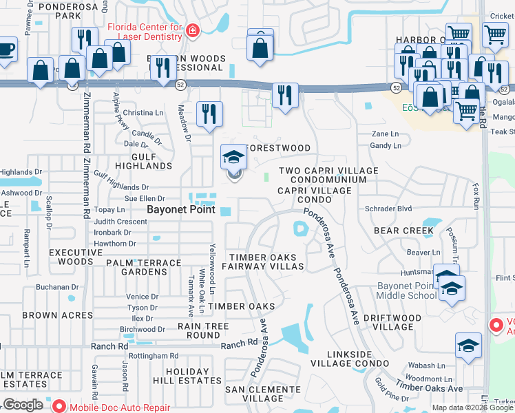 map of restaurants, bars, coffee shops, grocery stores, and more near 8121 Bismark Court in Port Richey