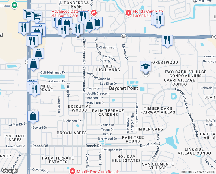 map of restaurants, bars, coffee shops, grocery stores, and more near 7703 Topay Lane in Port Richey