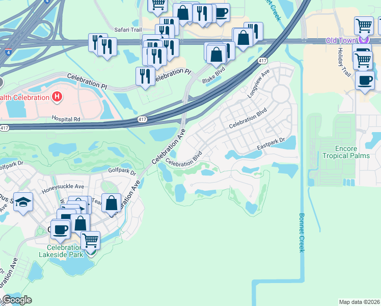 map of restaurants, bars, coffee shops, grocery stores, and more near 400 Celebration Boulevard in Celebration