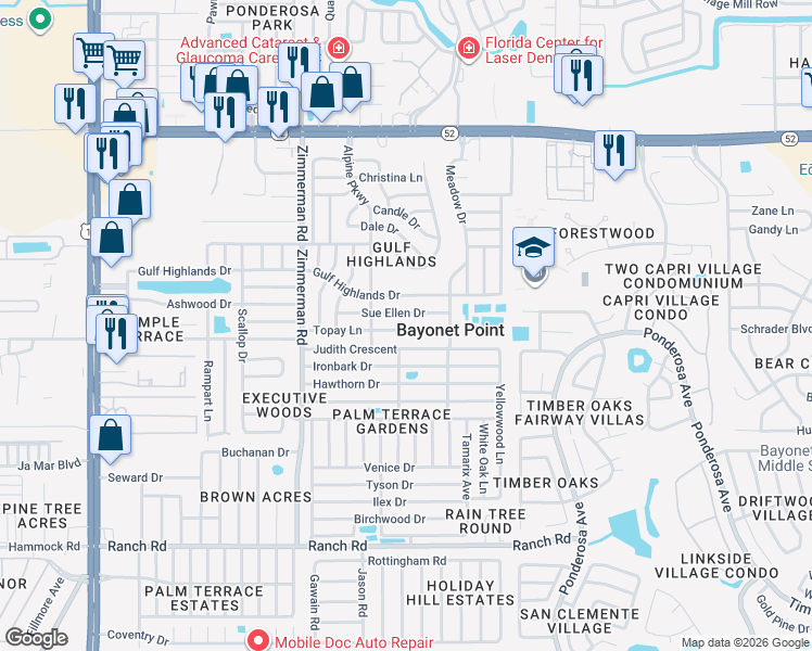 map of restaurants, bars, coffee shops, grocery stores, and more near 7703 Topay Lane in Port Richey