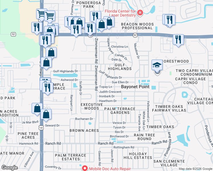 map of restaurants, bars, coffee shops, grocery stores, and more near 7537 Topay Lane in Port Richey