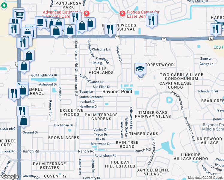 map of restaurants, bars, coffee shops, grocery stores, and more near 7801 Topay Ln in Port Richey