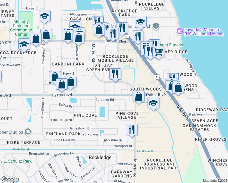 map of restaurants, bars, coffee shops, grocery stores, and more near 1006 Pathfinder Way in Rockledge