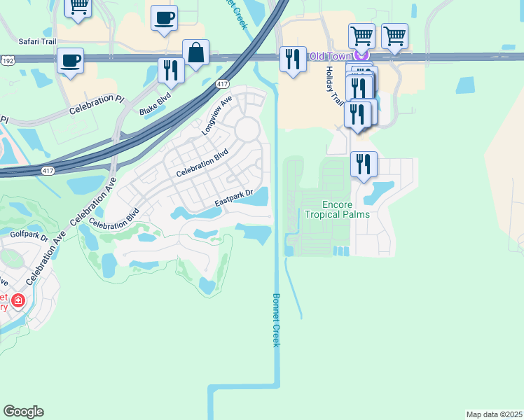 map of restaurants, bars, coffee shops, grocery stores, and more near 103 Acadia Terrace in Kissimmee