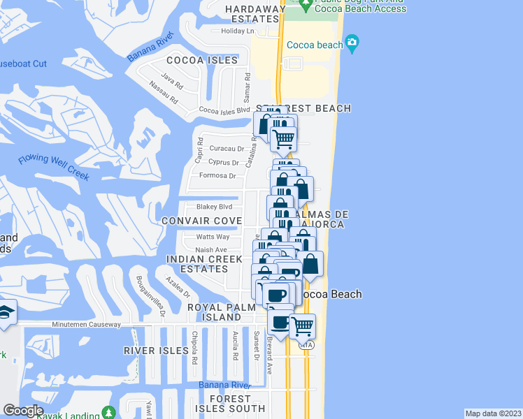 map of restaurants, bars, coffee shops, grocery stores, and more near 341 Woodland Avenue in Cocoa Beach