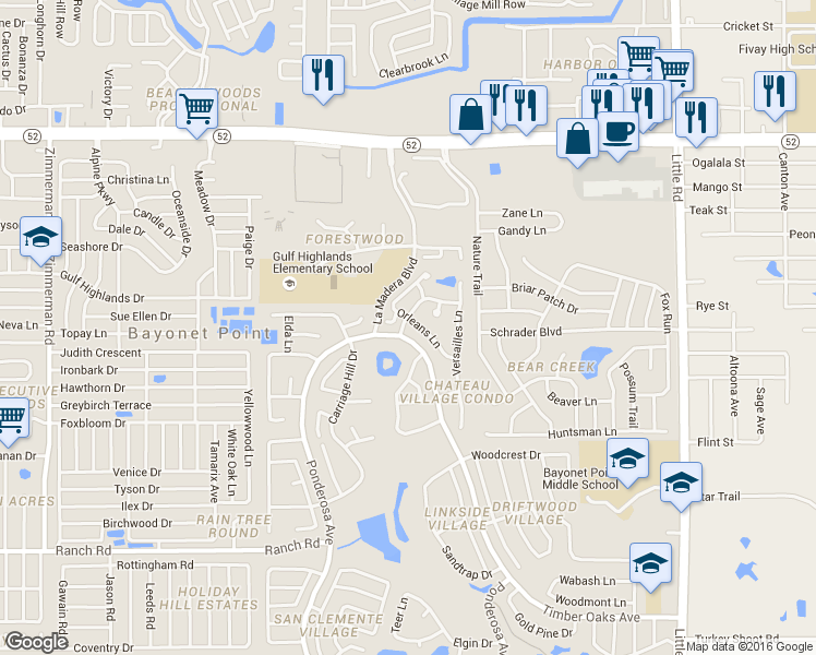 map of restaurants, bars, coffee shops, grocery stores, and more near 11521 Orleans Lane in Port Richey