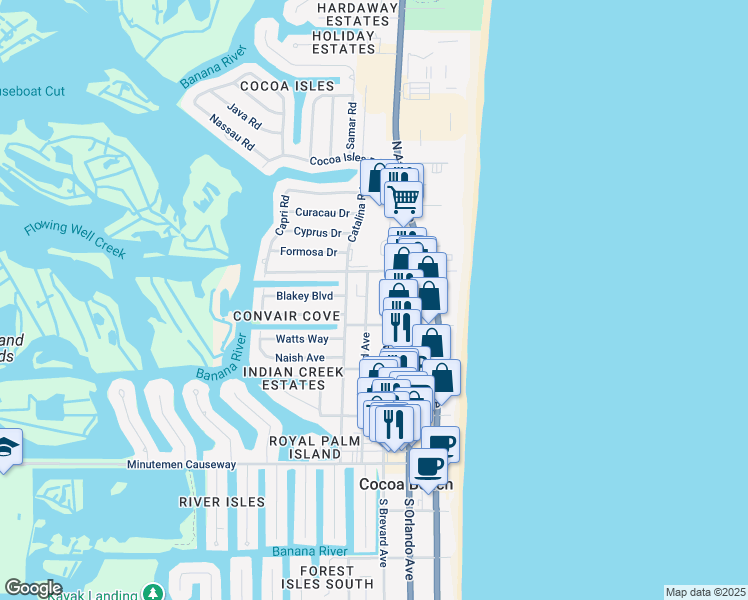 map of restaurants, bars, coffee shops, grocery stores, and more near 341 Woodland Avenue in Cocoa Beach