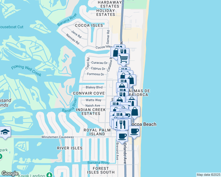 map of restaurants, bars, coffee shops, grocery stores, and more near 341 Woodland Avenue in Cocoa Beach