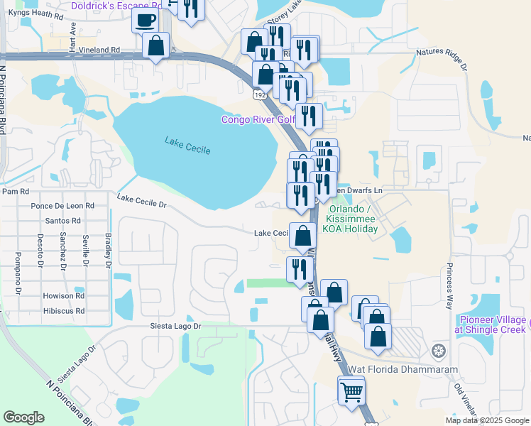 map of restaurants, bars, coffee shops, grocery stores, and more near 4744 Everglades Circle in Kissimmee