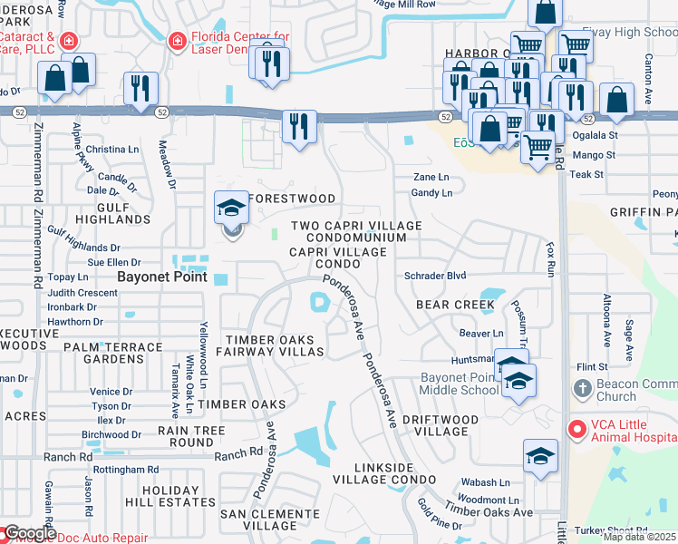 map of restaurants, bars, coffee shops, grocery stores, and more near 11521 Orleans Lane in Port Richey