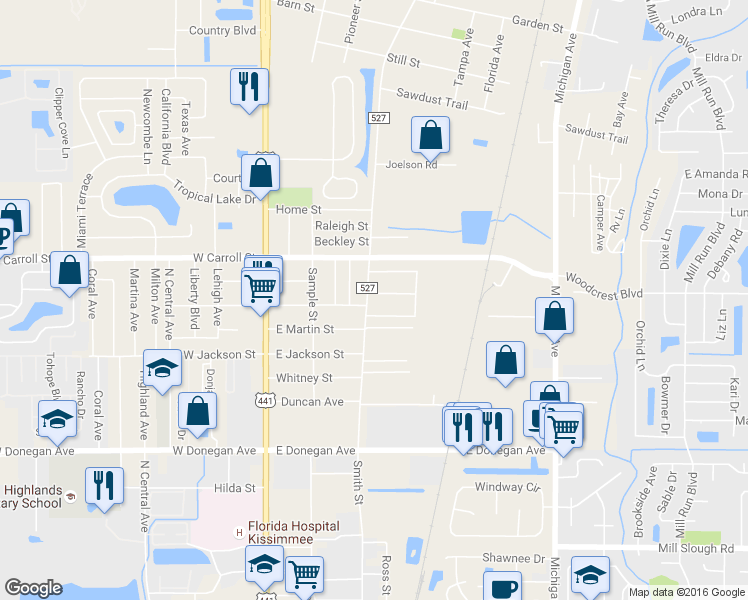 map of restaurants, bars, coffee shops, grocery stores, and more near 2655 Old Dixie Hwy in Kissimmee