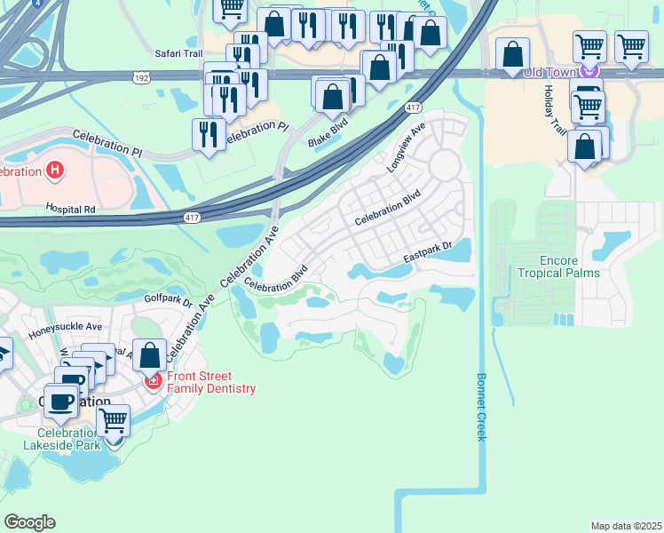 map of restaurants, bars, coffee shops, grocery stores, and more near 308 Charleston Place in Kissimmee