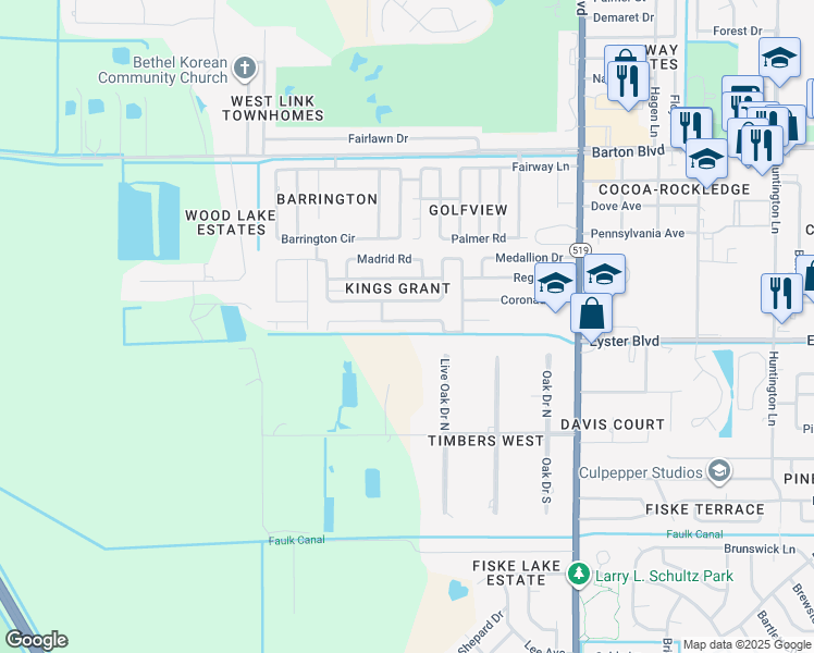 map of restaurants, bars, coffee shops, grocery stores, and more near 1081 Hermosa Drive in Rockledge