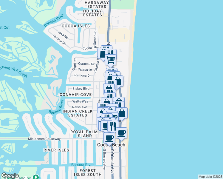 map of restaurants, bars, coffee shops, grocery stores, and more near 334 North Orlando Avenue in Cocoa Beach