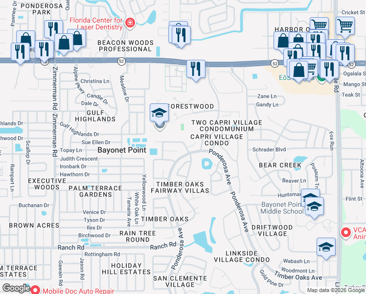 map of restaurants, bars, coffee shops, grocery stores, and more near 8121 Bismark Court in Port Richey