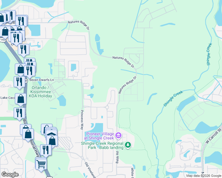 map of restaurants, bars, coffee shops, grocery stores, and more near 2624 Tranquility Way in Kissimmee