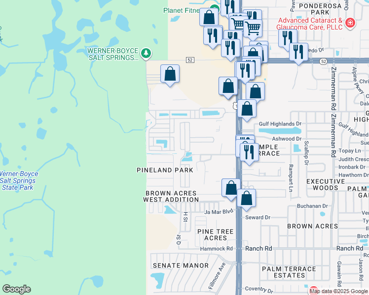 map of restaurants, bars, coffee shops, grocery stores, and more near 11622 Duryea Avenue in Port Richey