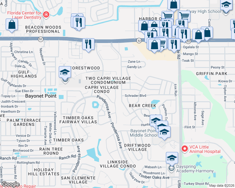 map of restaurants, bars, coffee shops, grocery stores, and more near 8515 Schrader Boulevard in Port Richey