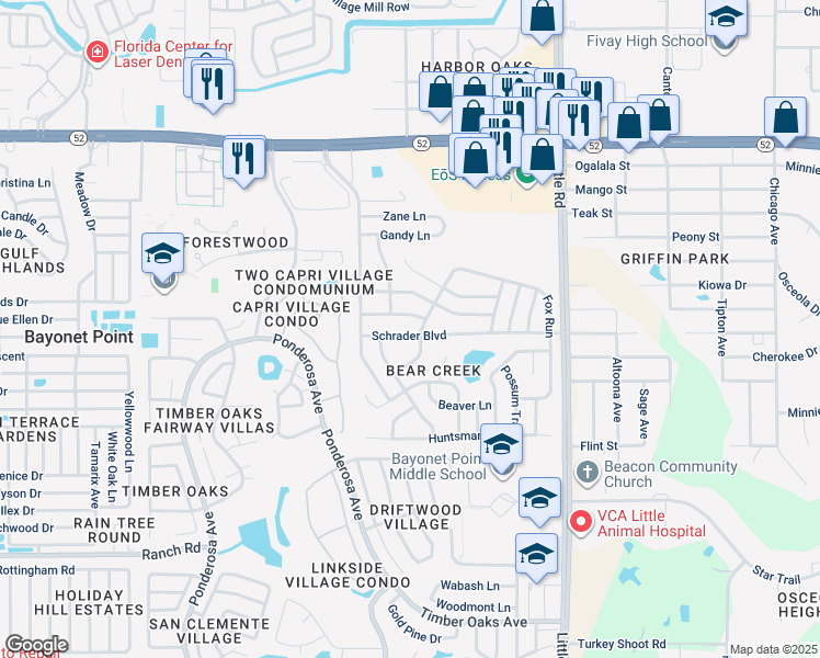 map of restaurants, bars, coffee shops, grocery stores, and more near 8605 Schrader Boulevard in Port Richey