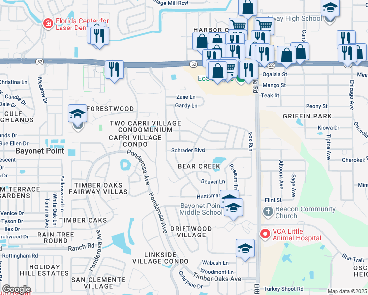 map of restaurants, bars, coffee shops, grocery stores, and more near 8605 Schrader Boulevard in Port Richey