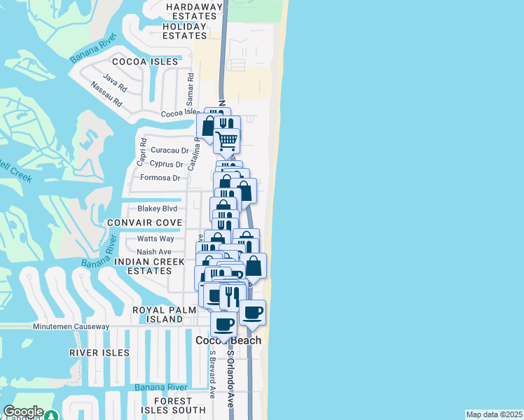 map of restaurants, bars, coffee shops, grocery stores, and more near 333 North Atlantic Avenue in Cocoa Beach