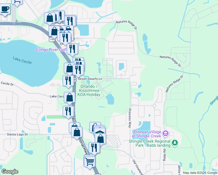 map of restaurants, bars, coffee shops, grocery stores, and more near 4550 Jona Free Lane in Kissimmee