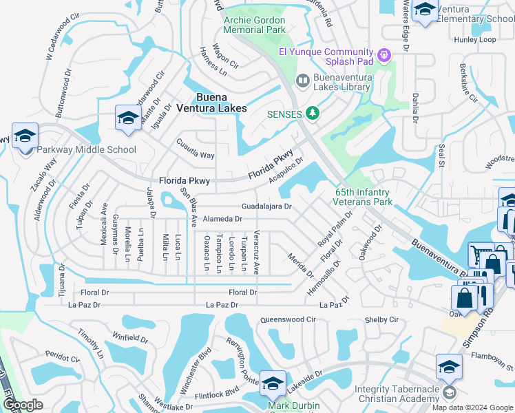 map of restaurants, bars, coffee shops, grocery stores, and more near 91 Veracruz Avenue in Buena Ventura Lakes