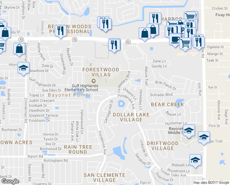 map of restaurants, bars, coffee shops, grocery stores, and more near 11520 Forest Run Court in Port Richey