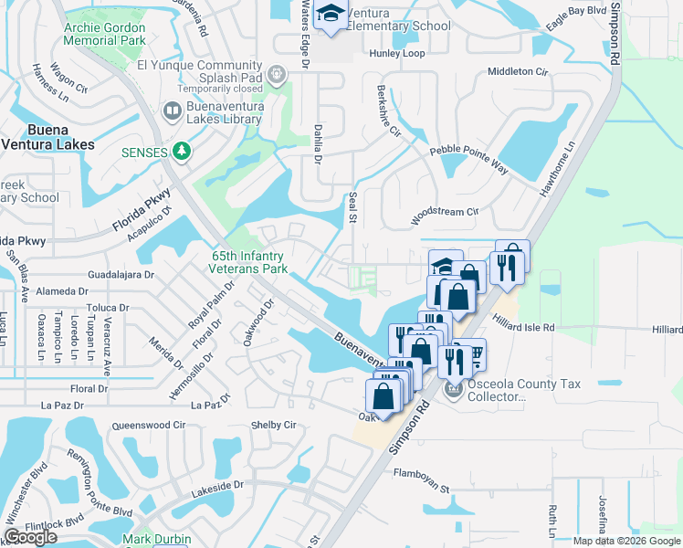 map of restaurants, bars, coffee shops, grocery stores, and more near 61 Lake Villa Way in Kissimmee