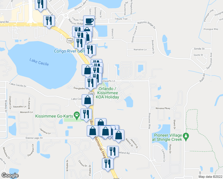 map of restaurants, bars, coffee shops, grocery stores, and more near 2612 Lodi Circle in Kissimmee