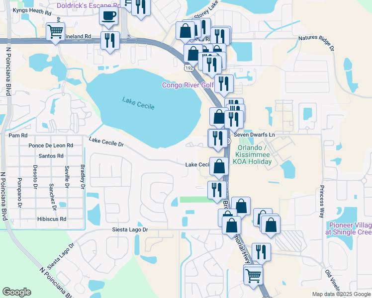 map of restaurants, bars, coffee shops, grocery stores, and more near 4744 Everglades Circle in Kissimmee