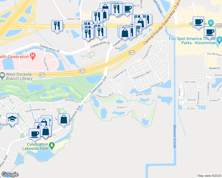 map of restaurants, bars, coffee shops, grocery stores, and more near 400 Celebration Boulevard in Celebration