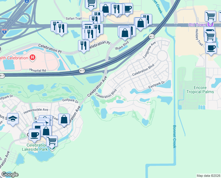 map of restaurants, bars, coffee shops, grocery stores, and more near 280 Celebration Boulevard in Celebration