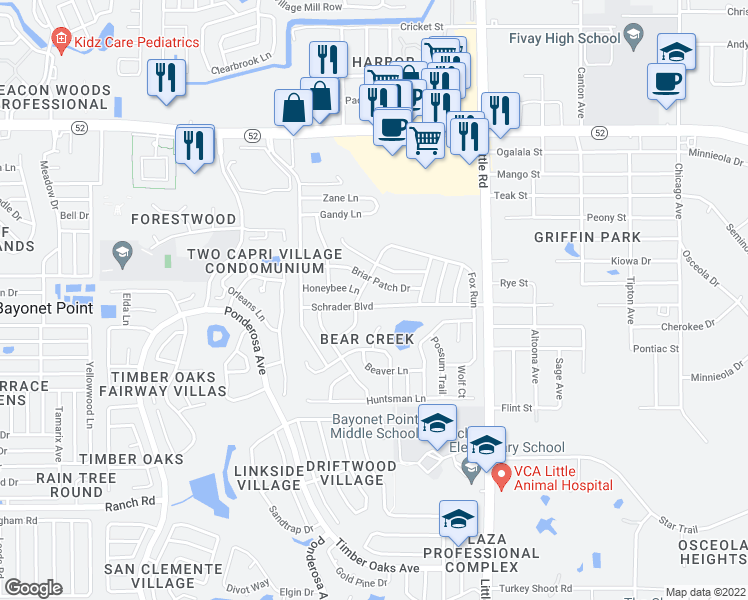 map of restaurants, bars, coffee shops, grocery stores, and more near 8703 Schrader Boulevard in Port Richey