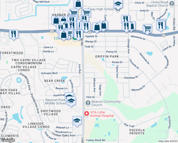 map of restaurants, bars, coffee shops, grocery stores, and more near 9031 Bourbon Street in New Port Richey