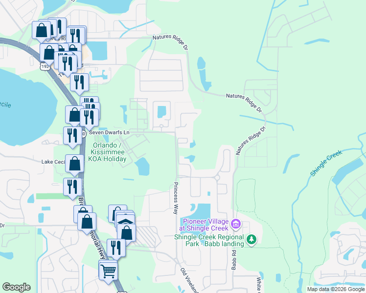 map of restaurants, bars, coffee shops, grocery stores, and more near 2682 Santosh Cove in Kissimmee