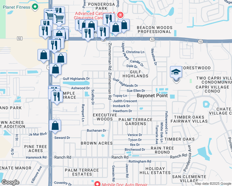 map of restaurants, bars, coffee shops, grocery stores, and more near 11514 Newell Drive in Port Richey