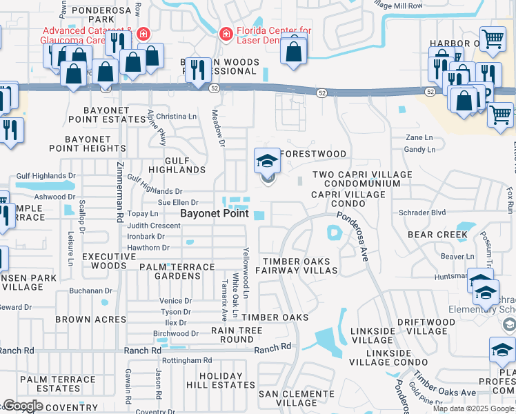 map of restaurants, bars, coffee shops, grocery stores, and more near 8010 Merrimac Drive in Port Richey