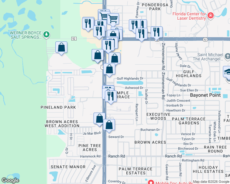 map of restaurants, bars, coffee shops, grocery stores, and more near 7037 Colfax Drive in Port Richey