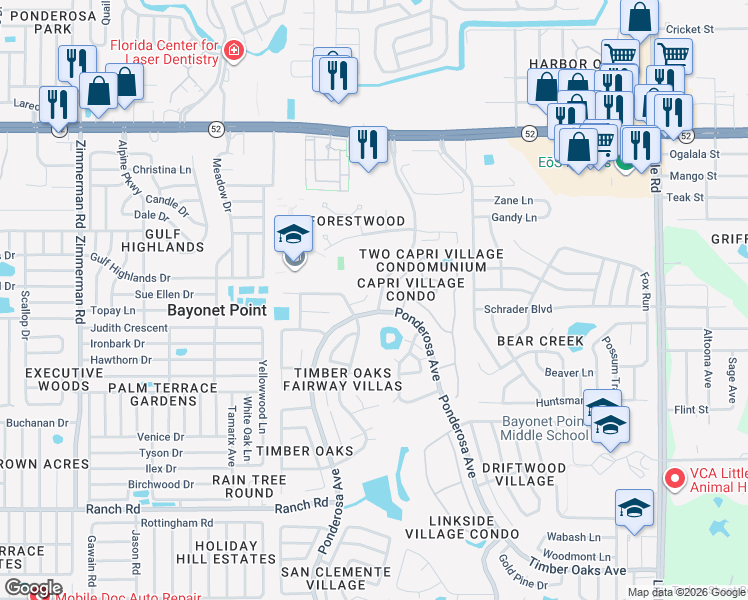 map of restaurants, bars, coffee shops, grocery stores, and more near 11520 Forest Run Court in Port Richey