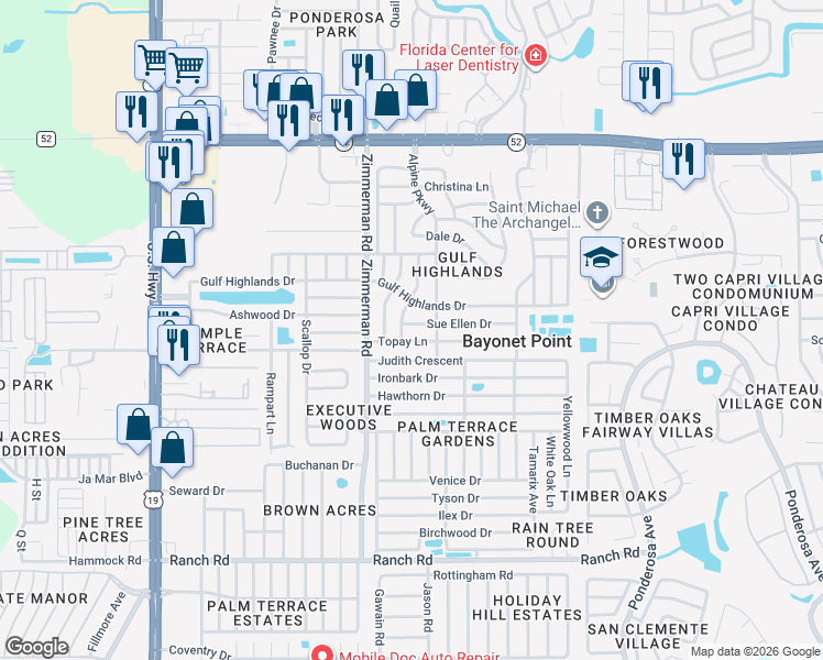 map of restaurants, bars, coffee shops, grocery stores, and more near 7600 Sue Ellen Drive in Port Richey