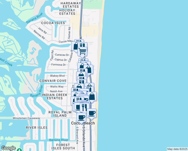 map of restaurants, bars, coffee shops, grocery stores, and more near 333 North Atlantic Avenue in Cocoa Beach