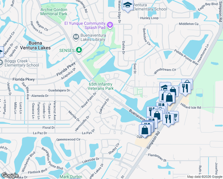 map of restaurants, bars, coffee shops, grocery stores, and more near 202 Watts Lane in Kissimmee