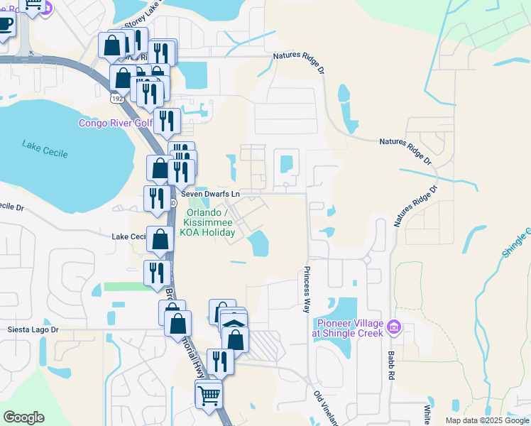 map of restaurants, bars, coffee shops, grocery stores, and more near 4550 Jona Free Lane in Kissimmee