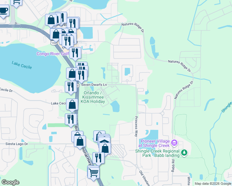 map of restaurants, bars, coffee shops, grocery stores, and more near 4550 Jona Free Lane in Kissimmee