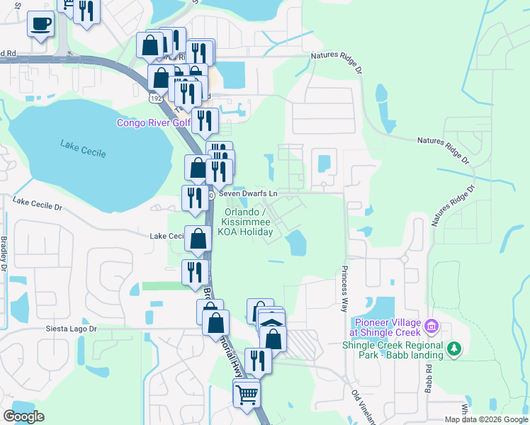 map of restaurants, bars, coffee shops, grocery stores, and more near 2612 Lodi Circle in Kissimmee