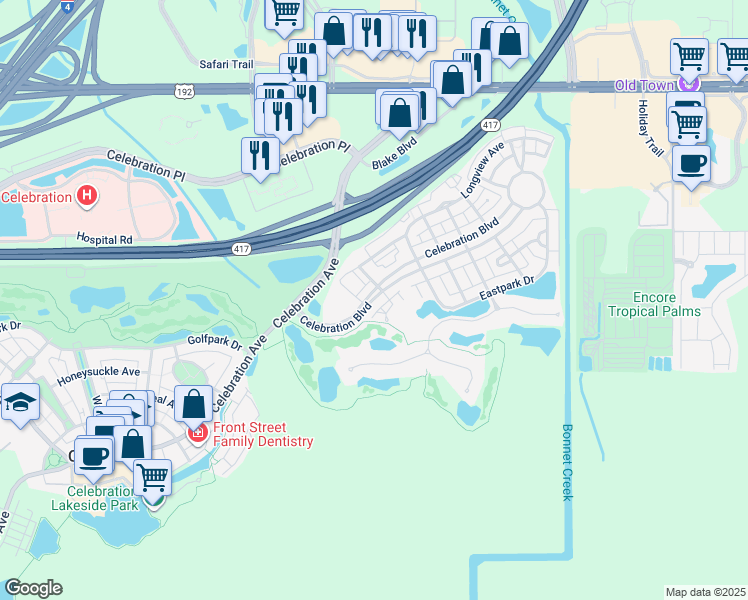 map of restaurants, bars, coffee shops, grocery stores, and more near 331 Celebration Boulevard in Kissimmee