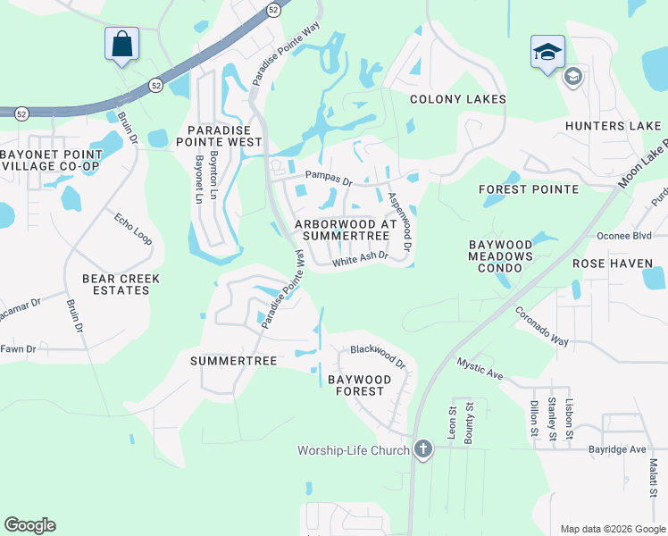 map of restaurants, bars, coffee shops, grocery stores, and more near 11602 White Ash Drive in New Port Richey